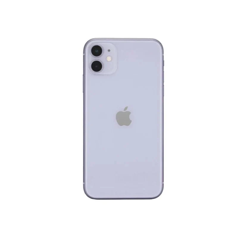 Purple Apple iPhone 11 with 64GB storage, pre-owned A Grade, front and back view showcasing the smartphone's design.
