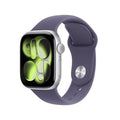 Apple Watch Series 11 with silver aluminum case and purple fog sport band on a white background.