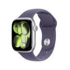 Apple Watch Series 11 with silver aluminum case and purple fog sport band on a white background.