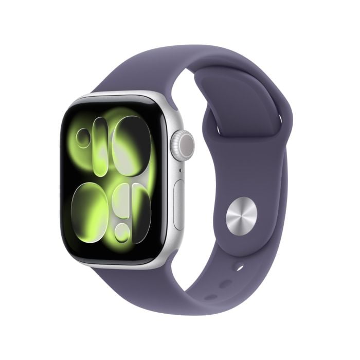 Apple Watch Series 11 with silver aluminum case and purple fog sport band on a white background.