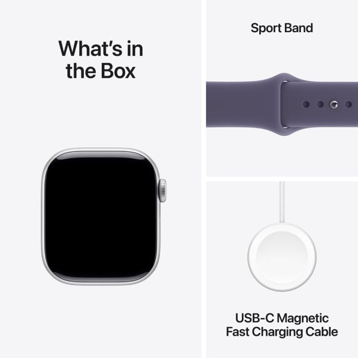 Apple Watch Series 11 with silver aluminum case and purple fog sport band on a white background