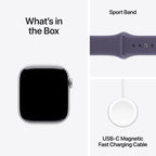 Apple Watch Series 11 with silver aluminum case and purple fog sport band on a white background