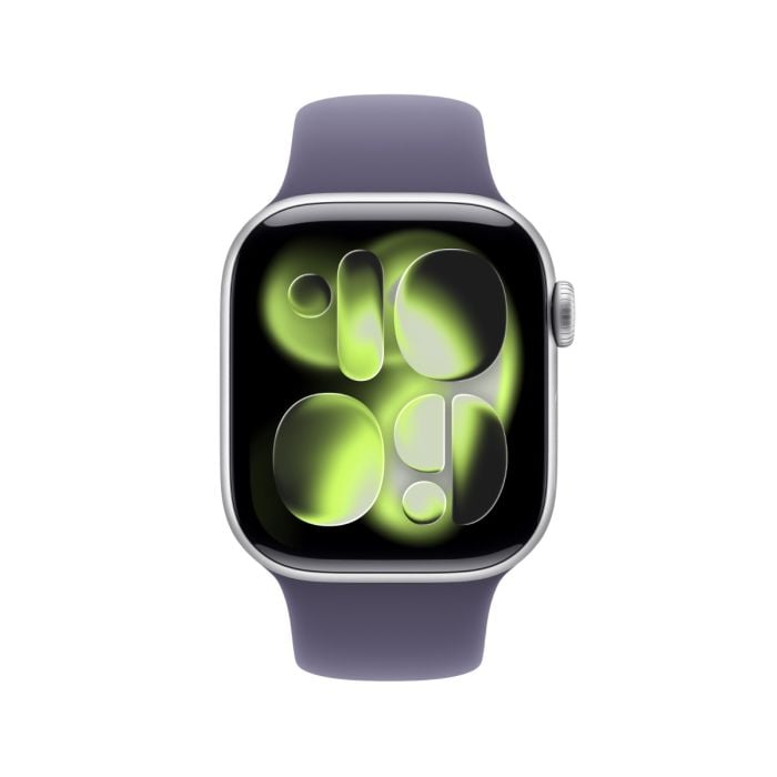 Apple Watch Series 11 with silver aluminum case and purple fog sport band on a display.