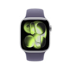 Apple Watch Series 11 with silver aluminum case and purple fog sport band on a display.