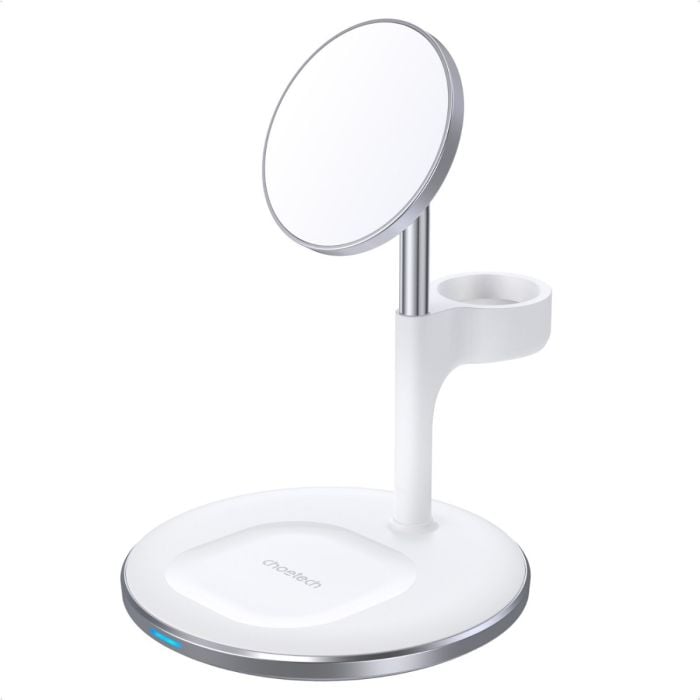 Choetech 3-in-1 15W fast magnetic charging stand in white showing multiple device charging areas and sleek design