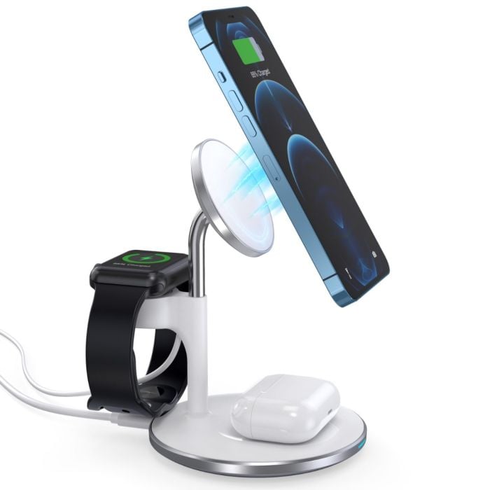 Choetech 3-in-1 15W fast magnetic charging stand in white with space for a smartphone, smartwatch, and wireless earbuds.