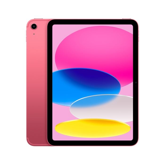 Pink iPad featuring A16 chip with sleek design, shown from front with screen on and clean background.