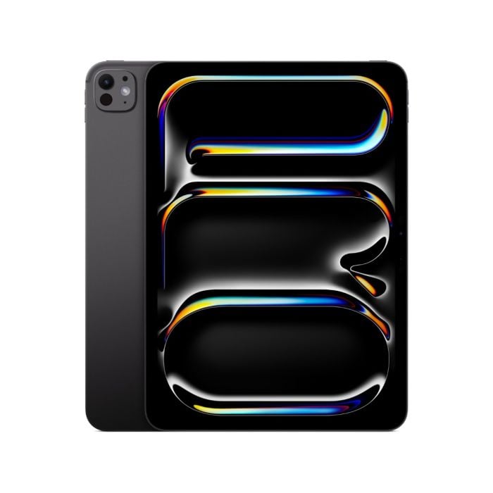 Apple iPad Pro with M5 chip, sleek silver tablet showing screen with app icons and slim design.