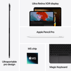 Silver iPad Pro with Apple M5 chip, featuring a sleek design and high-resolution display, shown from a front view.