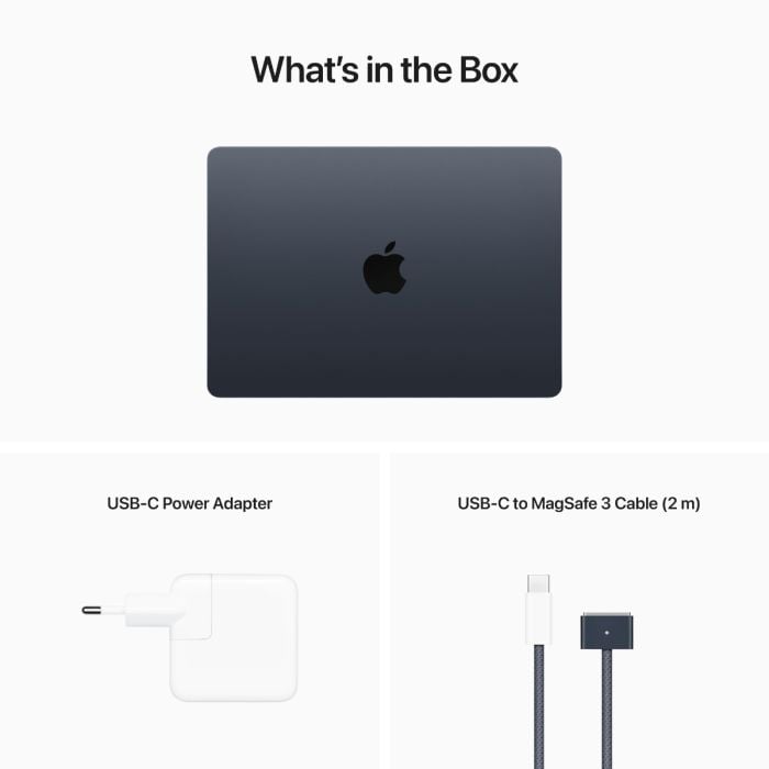 Midnight 13-inch MacBook Air with Apple M2 chip, 8-core CPU and GPU, 16GB RAM, 256GB storage, shown open with keyboard and display