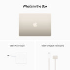 Starlight MacBook Air 13-inch with Apple M2 chip, 8-core CPU and GPU, 16GB RAM, and 256GB storage, open showing keyboard and screen.