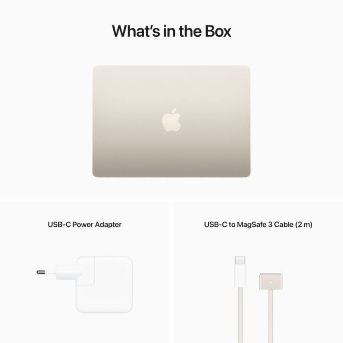Starlight MacBook Air 13-inch with Apple M2 chip, 8-core CPU and GPU, 16GB RAM, and 256GB storage, open showing keyboard and screen.