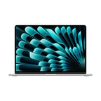 Silver MacBook Air 15-inch with Apple M4 chip on a desk, open showing the keyboard and screen, sleek and modern design.