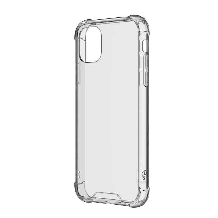 Clear Moov iPhone 11/XR case showing slim, transparent design with precise cutouts for buttons and camera.