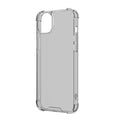 Clear Moov iPhone 14 Plus case showing transparent design with reinforced edges and precise cutouts for buttons and camera.