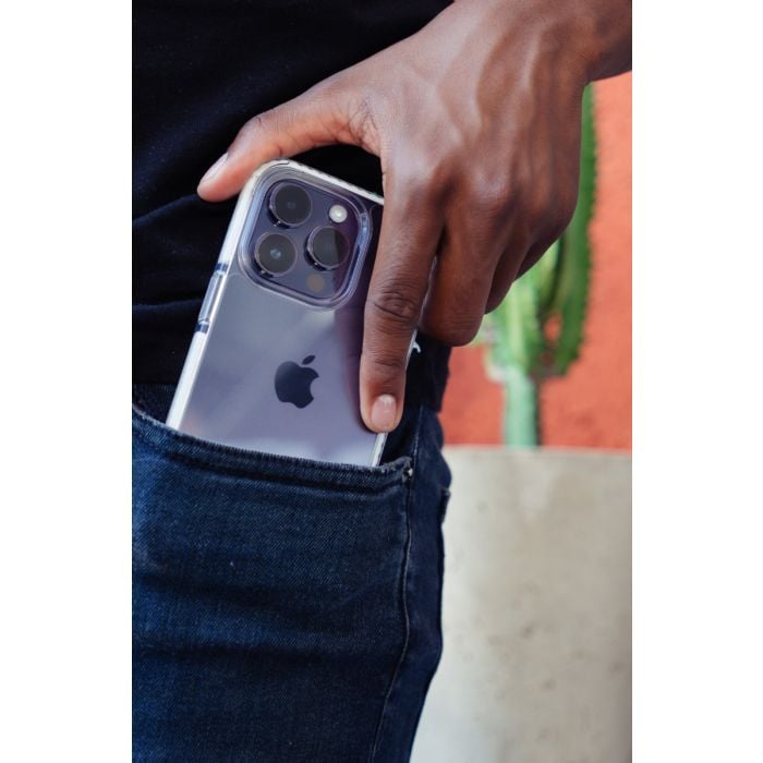 Clear Moov iPhone 14 Plus case showing a transparent, slim protective cover with precise cutouts for buttons and camera.