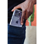 Clear Moov iPhone 14 Plus case showing a transparent, slim protective cover with precise cutouts for buttons and camera.