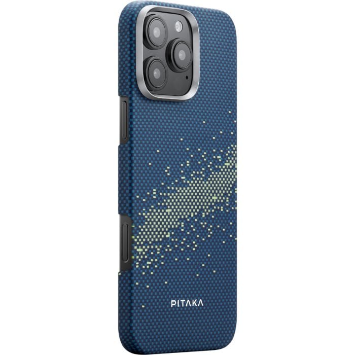 Pitaka StarPeak woven iPhone 16 Pro case with Milky Way Galaxy design, protective phone cover showcasing a woven texture.